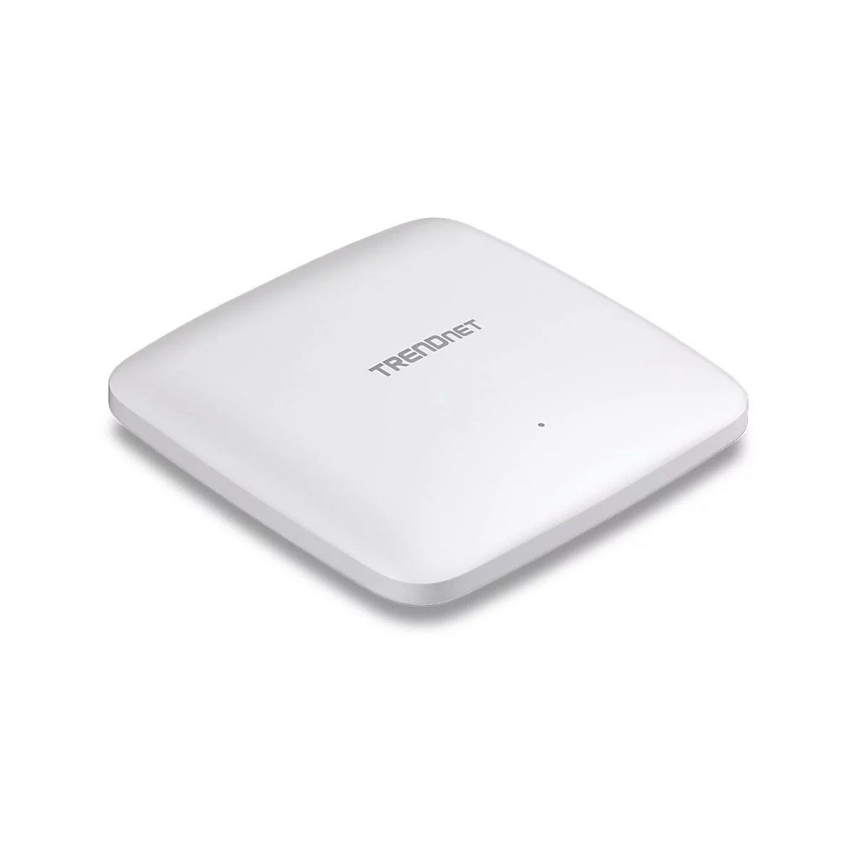 Flacher, weißer, quadratischer Trendnet WLAN Access Point auf weißem Hintergrund.