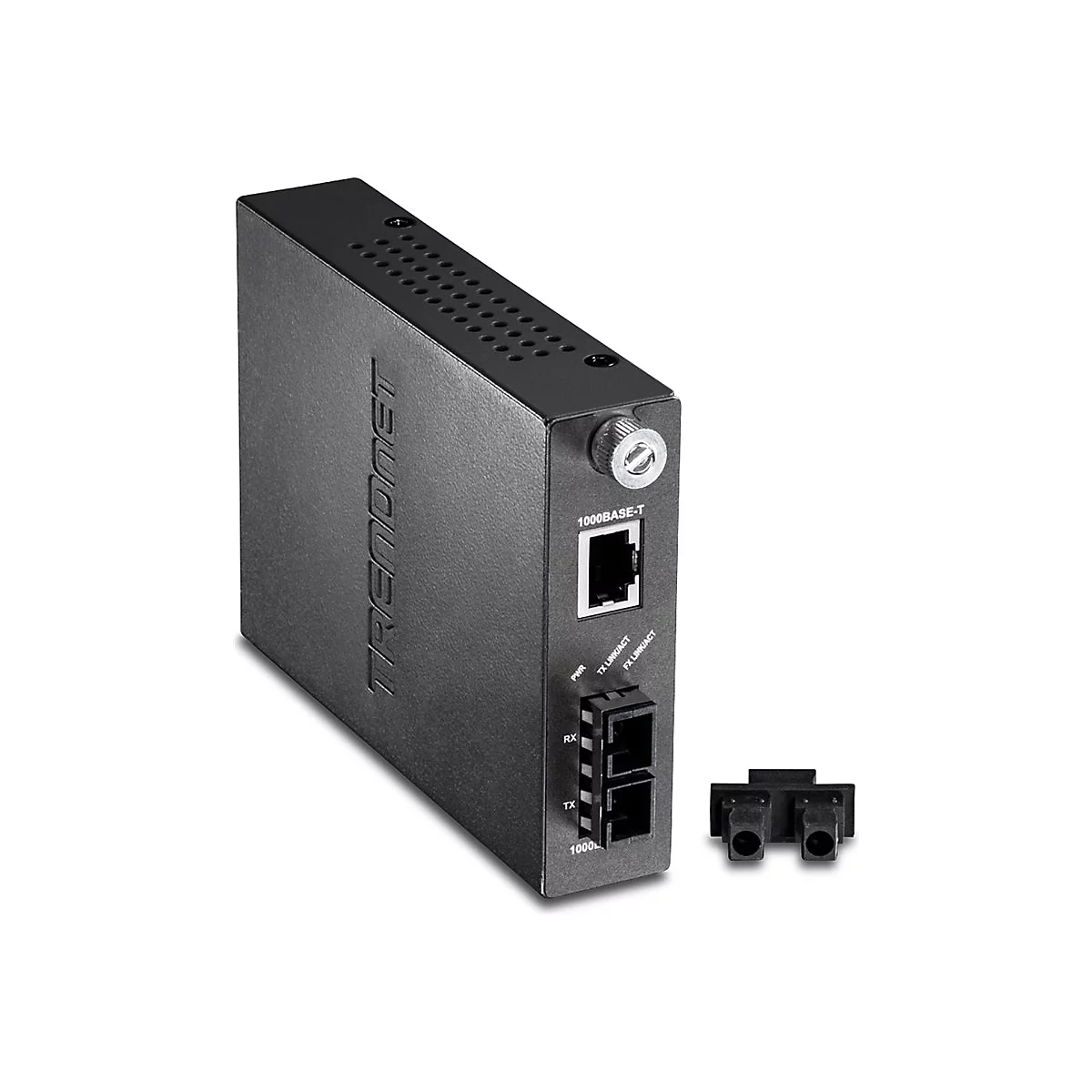 Schwarzer TRENDnet Glasfaser-Konverter vor weißem Hintergrund mit RJ45- und SFP-Anschlüssen.