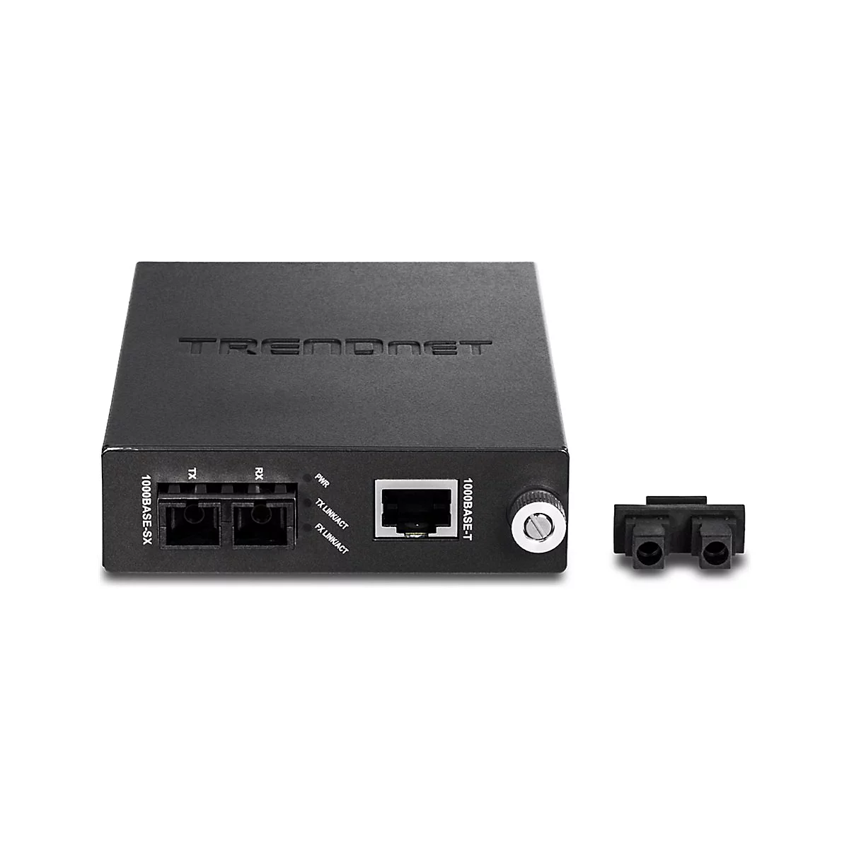 Schwarzer TRENDnet Medienkonverter mit RJ45- und LWL-Anschlüssen vor weißem Hintergrund.