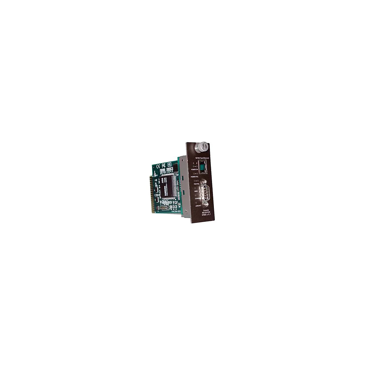 Netzwerk-Steckkarte mit grünem PCB, Samsung-Chip und RJ45- sowie seriellem RS-232-Anschluss.