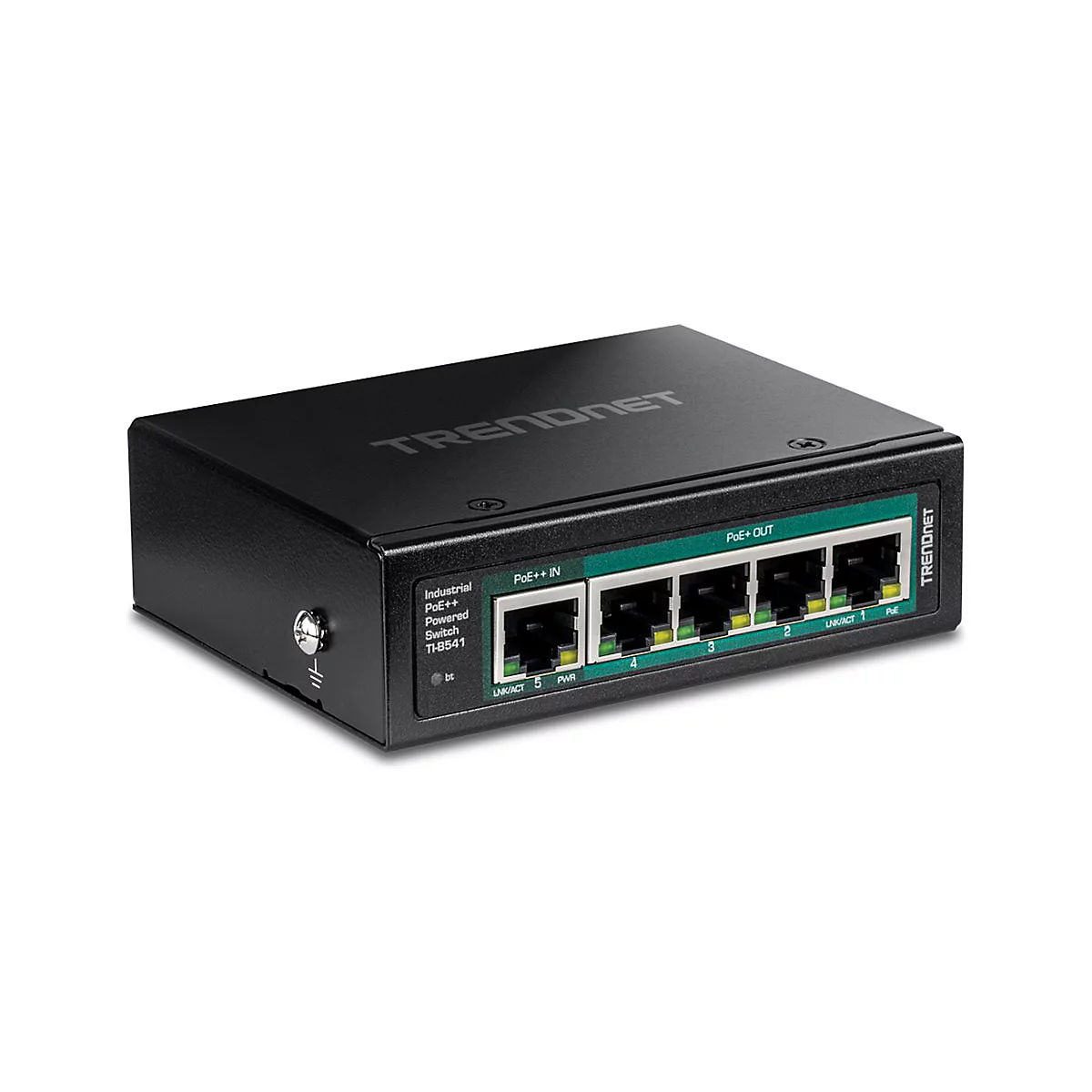 Ein schwarzer Trendnet-Ethernet-Switch auf weiÃŸem Hintergrund. Er hat mehrere AnschlÃ¼sse mit grÃ¼nen Details und eine Beschriftung.