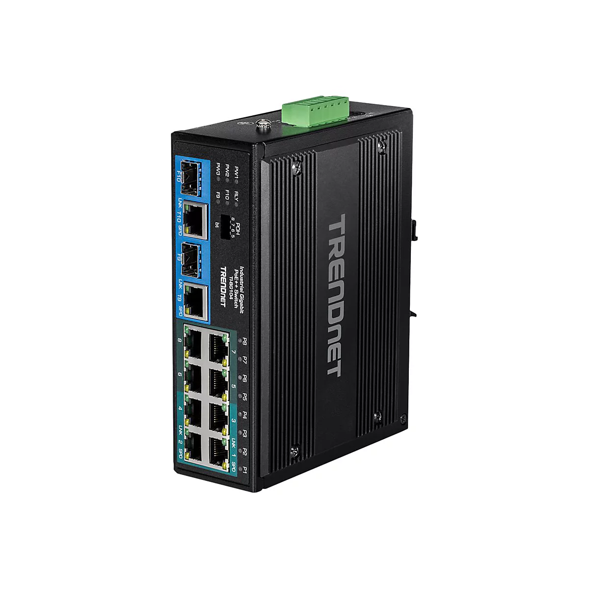 Schwarzer industrieller Gigabit PoE+ Switch von TRENDnet in Metallgehäuse mit zahlreichen Anschlüssen.