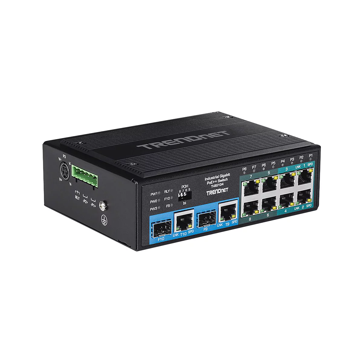Schwarzer TRENDnet Industrial Gigabit PoE++ Switch TI-BG104 vor weißem Hintergrund.