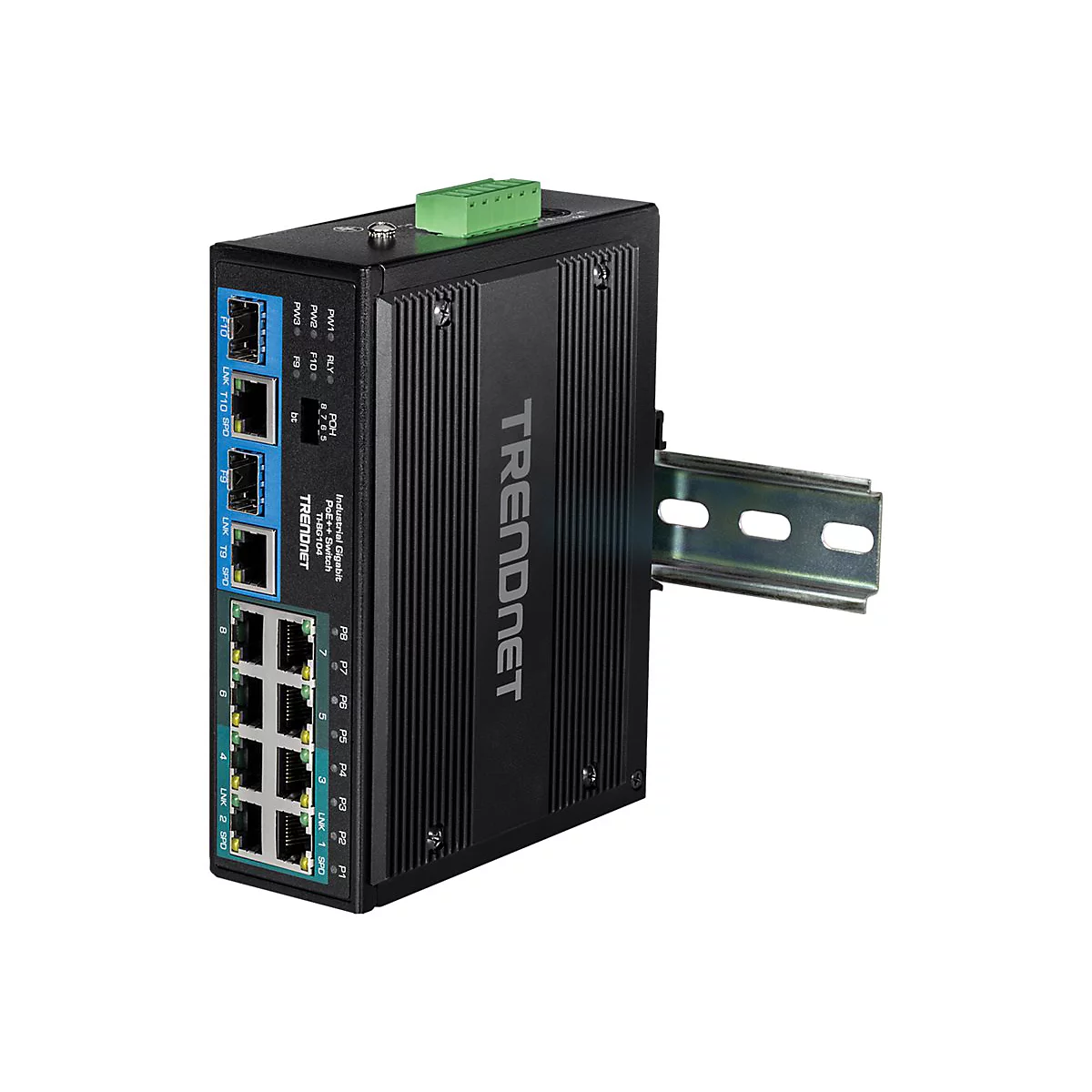 Schwarzer TRENDNET Industrial Gigabit PoE++ Switch TI-BG104 mit Hutschiene vor weißem Hintergrund.