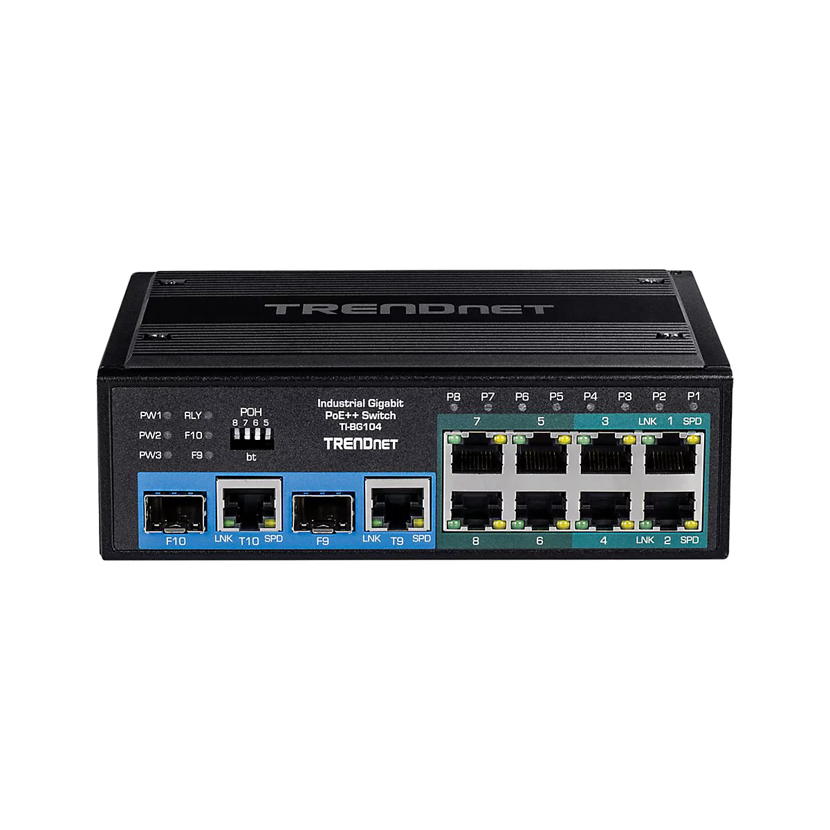 Schwarzer Industrial Gigabit PoE++ Switch von TRENDnet mit acht Ethernet- und zwei SFP-Anschlüssen.