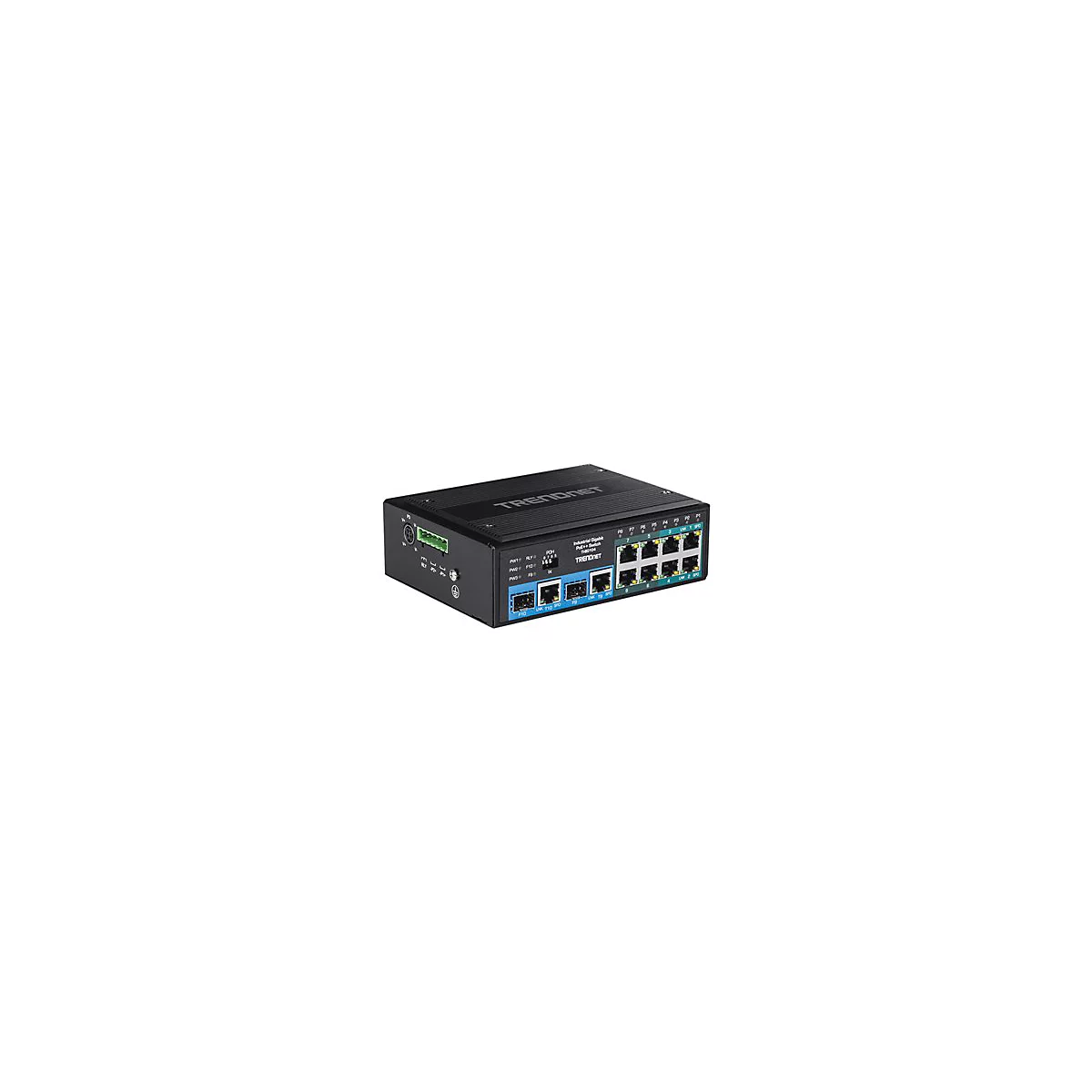 Schwarzer Netzwerk-Switch mit Ports und AnschlÃ¼ssen. Aufschrift: TRENDnet. Produktbezeichnung: Industrial Gigabit PoE+ Switch.