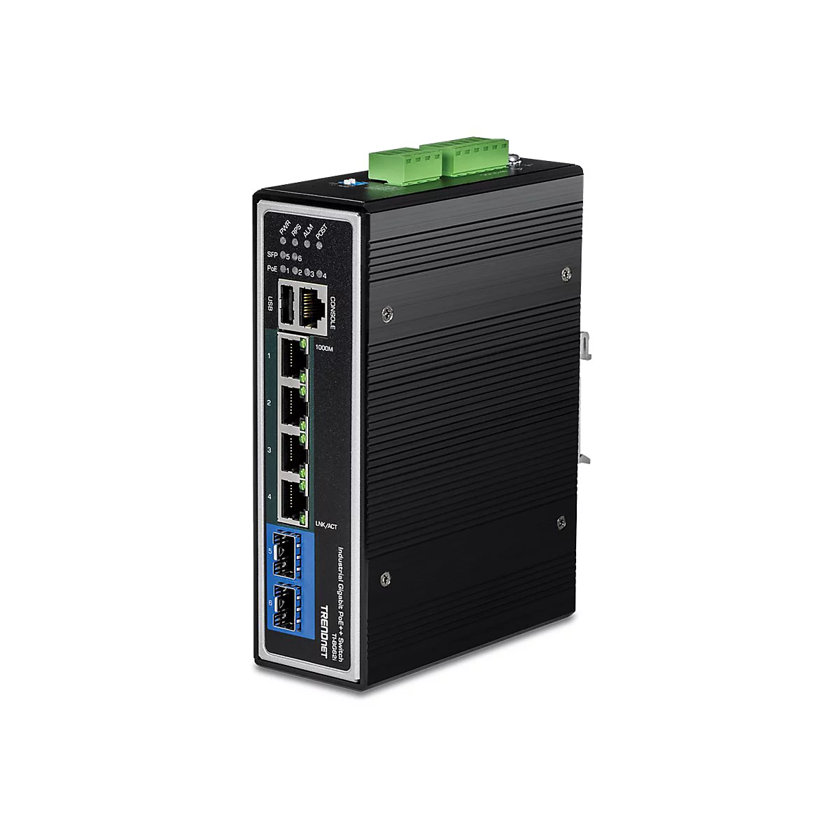 Schwarzer, industrieller Gigabit PoE+ Switch von TRENDnet mit sechs Anschlüssen und LED-Statusanzeigen.