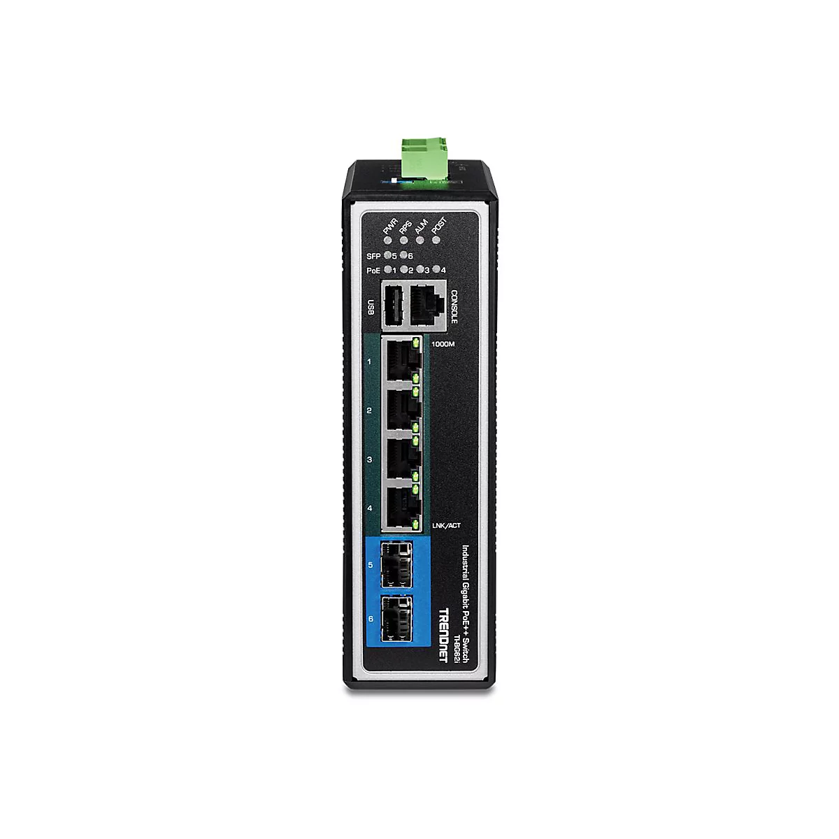 Schwarzer Industrial-Gigabit-PoE-Switch von TRENDnet mit sechs Ports und Status-LEDs auf weißem Grund.