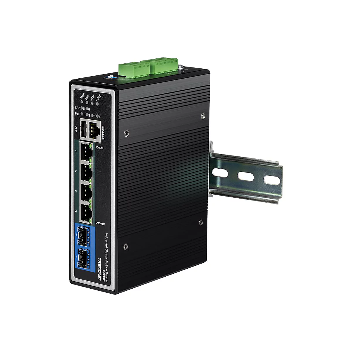 Schwarzer industrieller TRENDnet PoE++ Switch mit Hutschienenhalterung vor weißem Hintergrund.