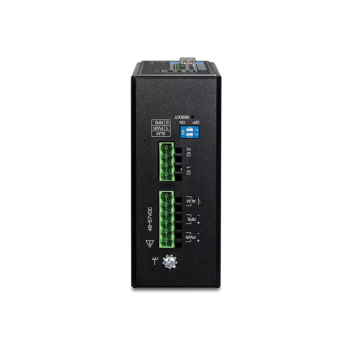 Industrieller Netzwerk-Switch mit Anschlüssen für Stromversorgung und Alarm, schwarzes Gehäuse, weiße Beschriftung.