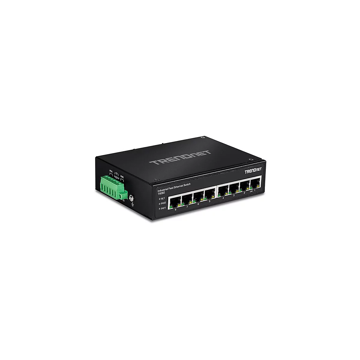 Schwarzer Ethernet-Switch von TRENDnet, 8 AnschlÃ¼sse, Text: Industrial Fast Ethernet Switch