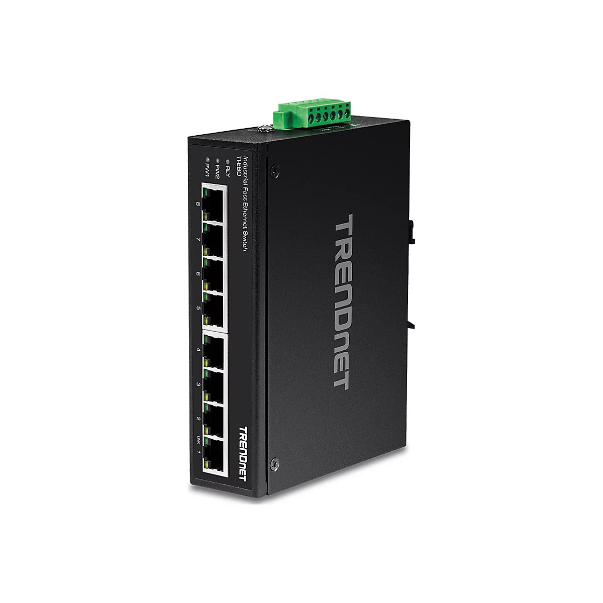 Schwarzer TRENDnet Ethernet-Switch mit grÃ¼nen AnschlÃ¼ssen und Ports.