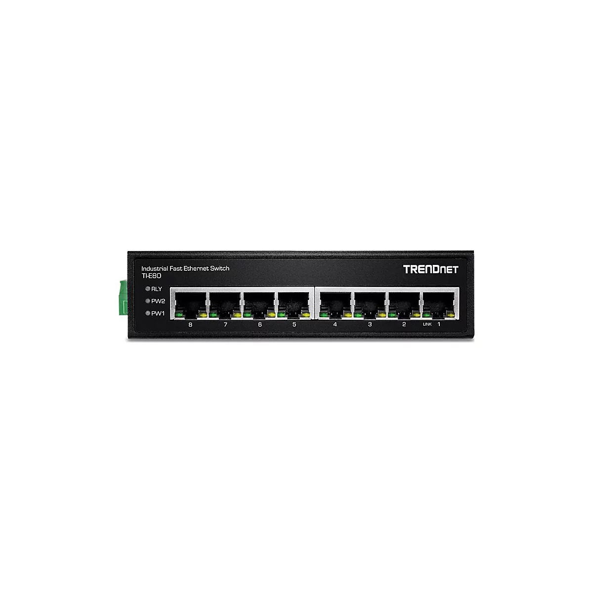 Schwarzer Ethernet-Switch von Trendnet. Beschriftung: Industrial Fast Ethernet Switch TI-E80. Acht Netzwerkanschlüsse und Kontrollleuchten.