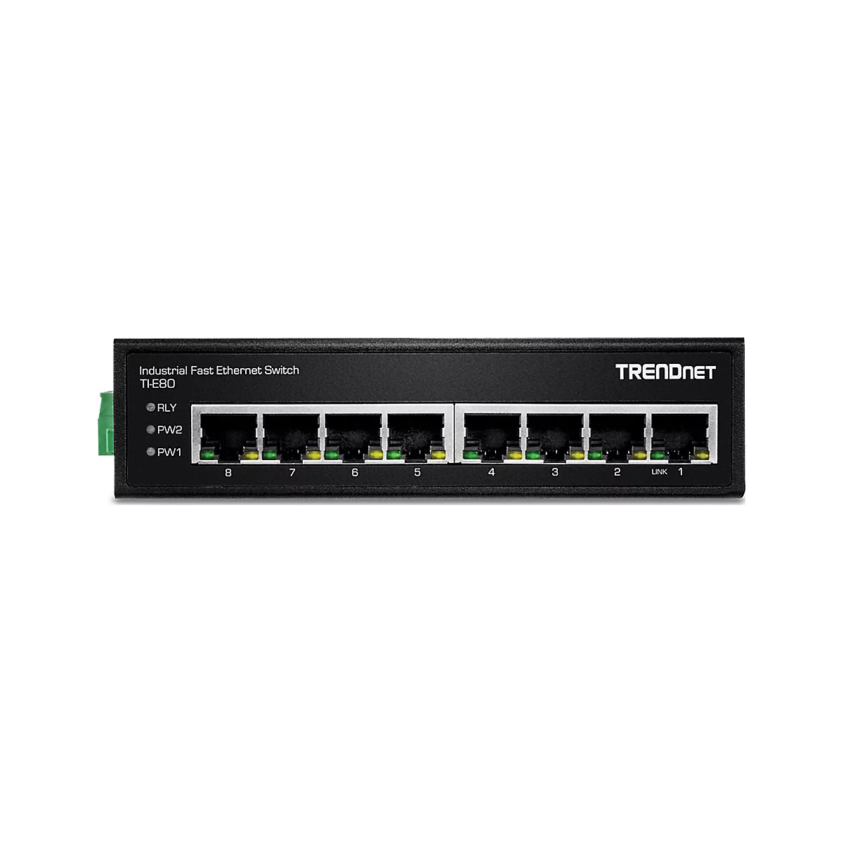 Schwarzer Ethernet-Switch von TRENDnet mit acht Ports und LED-Anzeigen. Text: Industrial Fast Ethernet Switch.