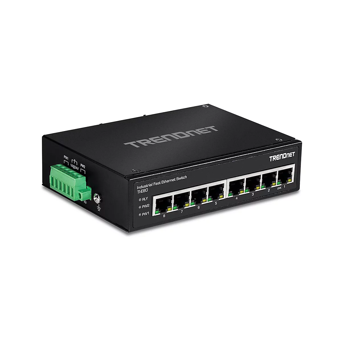 Schwarzer TRENDnet-Switch. Acht AnschlÃ¼sse, grÃ¼ne Klemmen, Modell TH380.