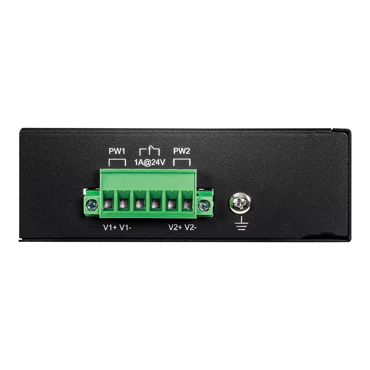 RÃ¼ckseite eines schwarzen elektronischen GerÃ¤ts mit grÃ¼nem Anschlussfeld und Beschriftung.