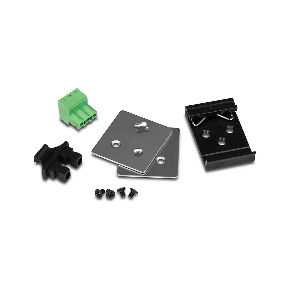 Eine Nahaufnahme von Hardware-Komponenten. Darunter grüne Klemmen, Metallplatten, eine schwarze Halterung und Schrauben.