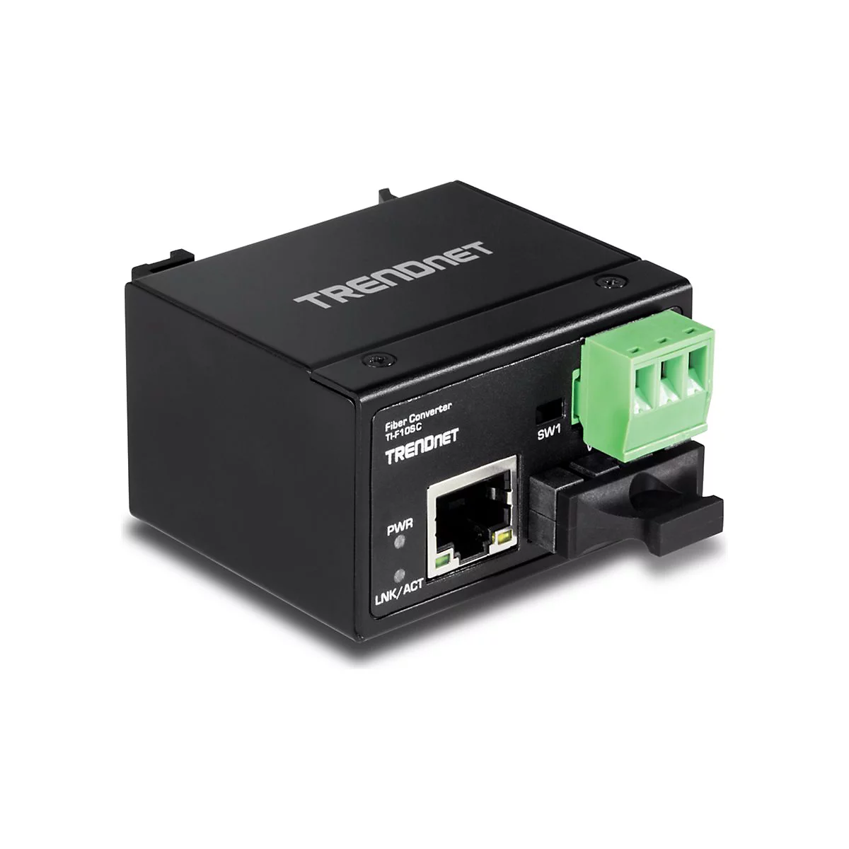 Schwarzer TRENDnet Fiber-Konverter TH-F10SC mit grünen Anschlüssen, einem Ethernet-Port und den Schriftzügen PWR und LNK/ACT.