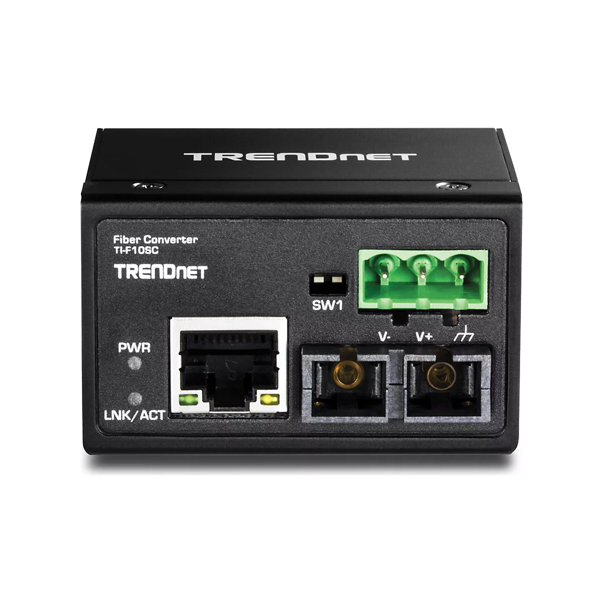 Schwarzer Trendnet Fiber Converter TI-F10SC. Text: PWR, LNK/ACT, SW1. Anschlüsse, Buchsen und grüne Klemmen sichtbar.