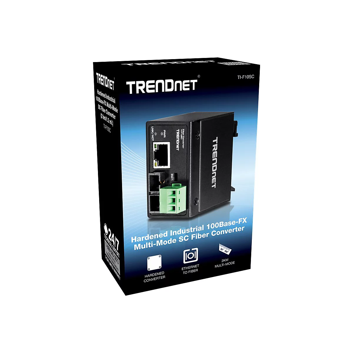 Ein schwarzer TRENDnet Konverter, auf der Verpackung sind technische Details abgebildet.