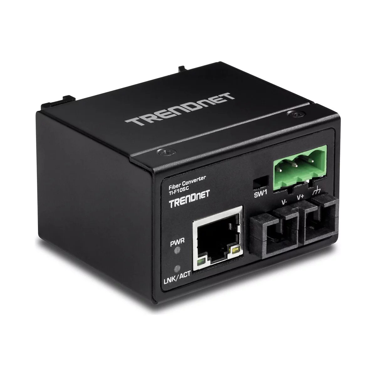 Schwarzer TRENDnet Fiber-Converter mit Anschlüssen und Beschriftung. Deutlich lesbar sind der Schriftzug TRENDnet, PWR und LNK/ACT.