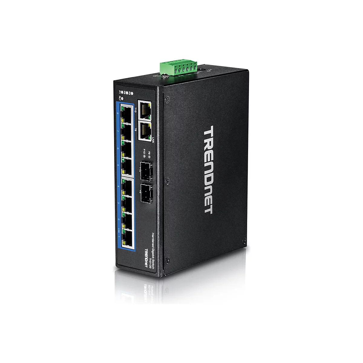 Ein schwarzer TRENDnet Netzwerk-Switch mit mehreren AnschlÃ¼ssen, beschriftet mit dem Markennamen. Oben ein grÃ¼ner Anschlussblock.