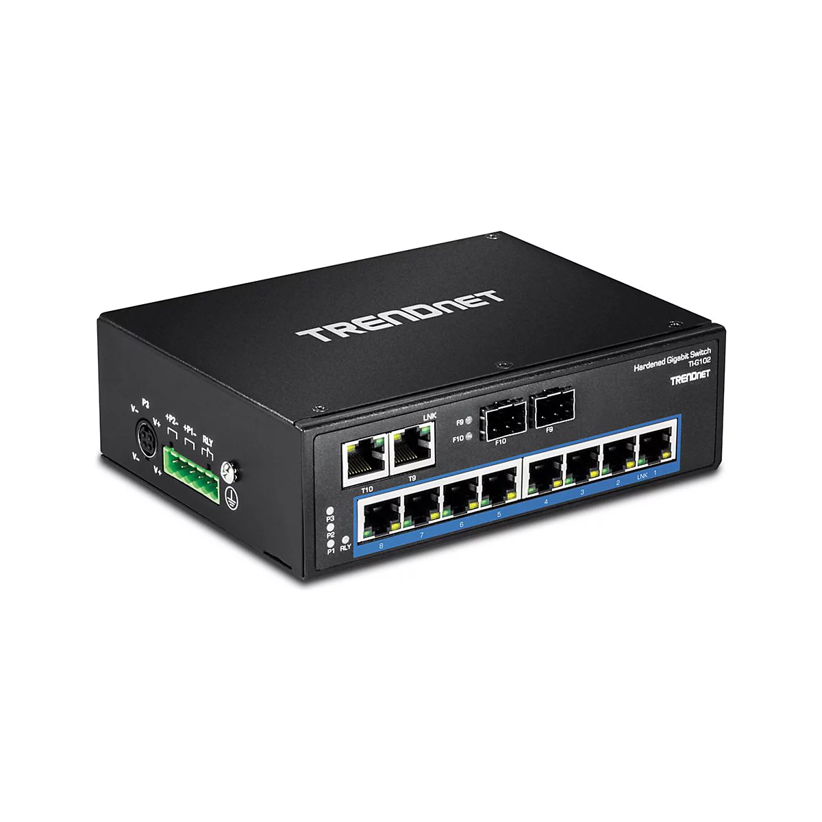 Schwarzer Netzwerk-Switch mit Trendnet-Logo und Beschriftungen. Auf der Vorderseite sind mehrere Ports und Anzeigen zu sehen.
