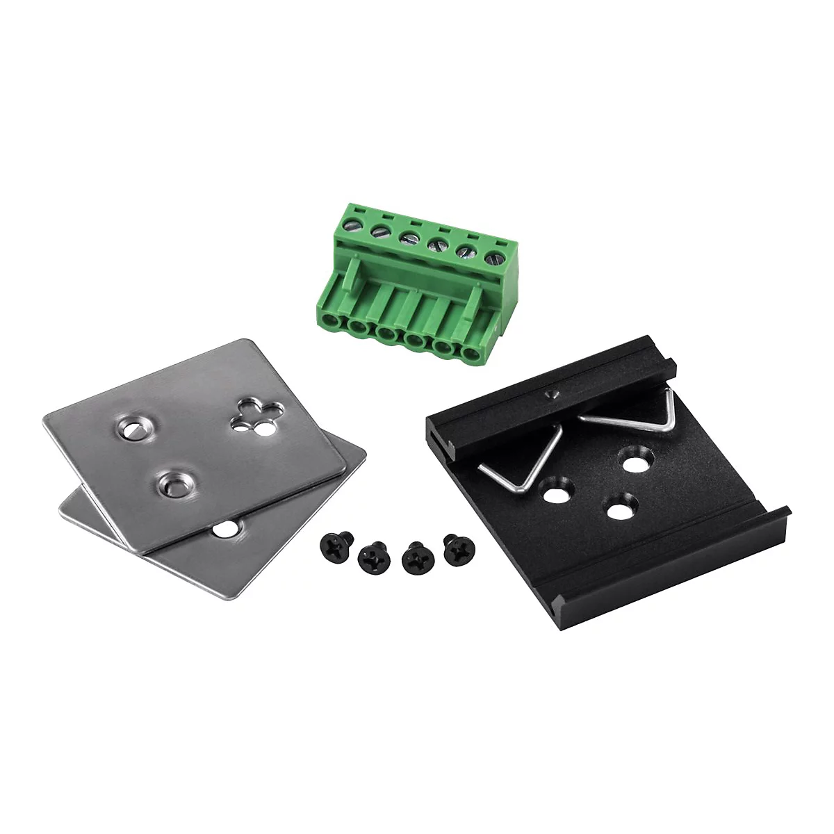 Verschiedene elektronische Komponenten: Klemmenblock, Halterung, Metallplatten, Schrauben.
