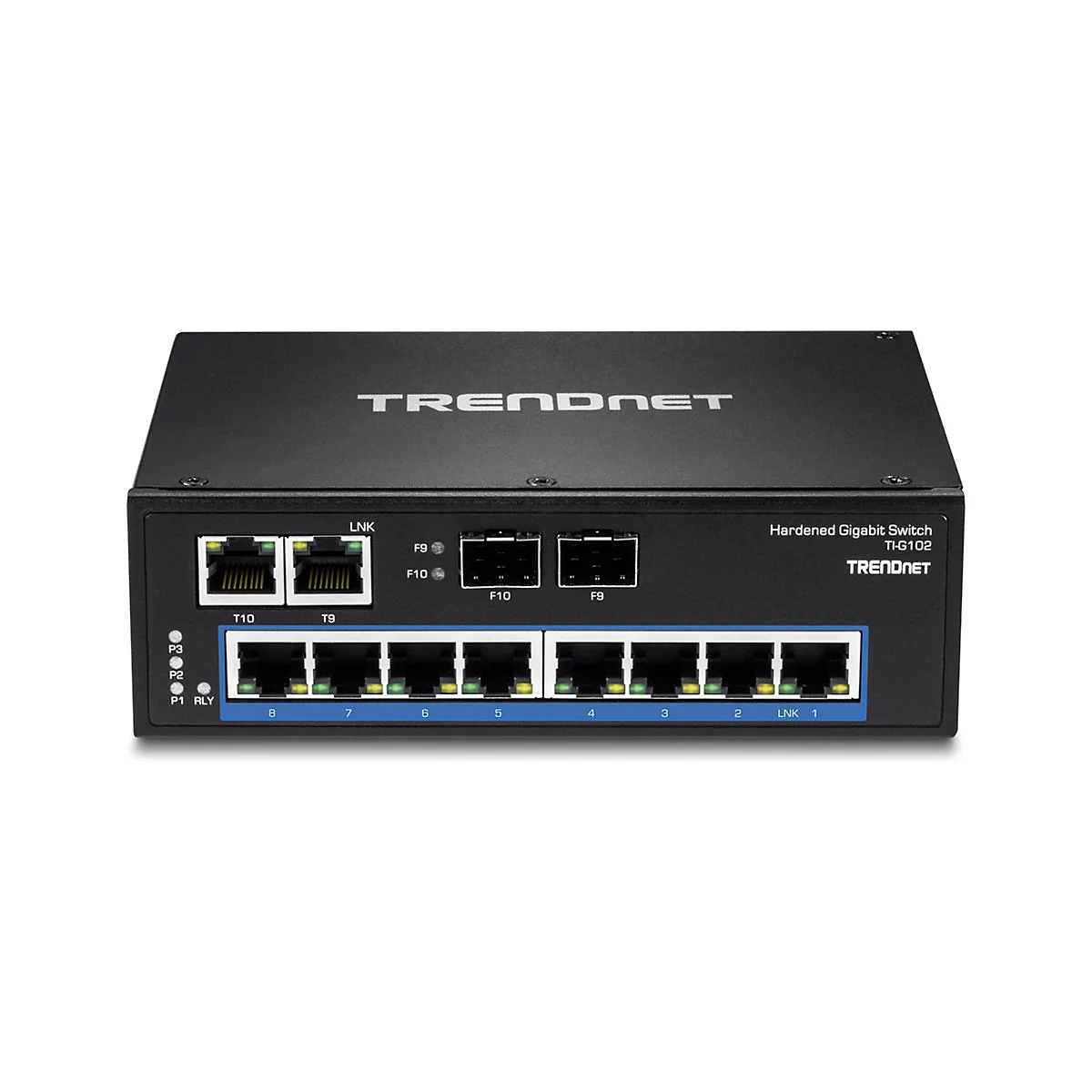 Schwarzer Netzwerkswitch von Trendnet, mit AnschlÃ¼ssen und Beschriftungen, gut erkennbar auf weiÃŸem Hintergrund.