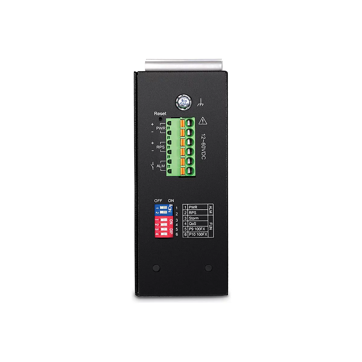 Schwarzes elektronisches Gerät, Detailansicht der Rückseite mit Anschlüssen, Schaltern und Beschriftungen wie Reset, PWR, RPS, ALM und 12-60VDC.
