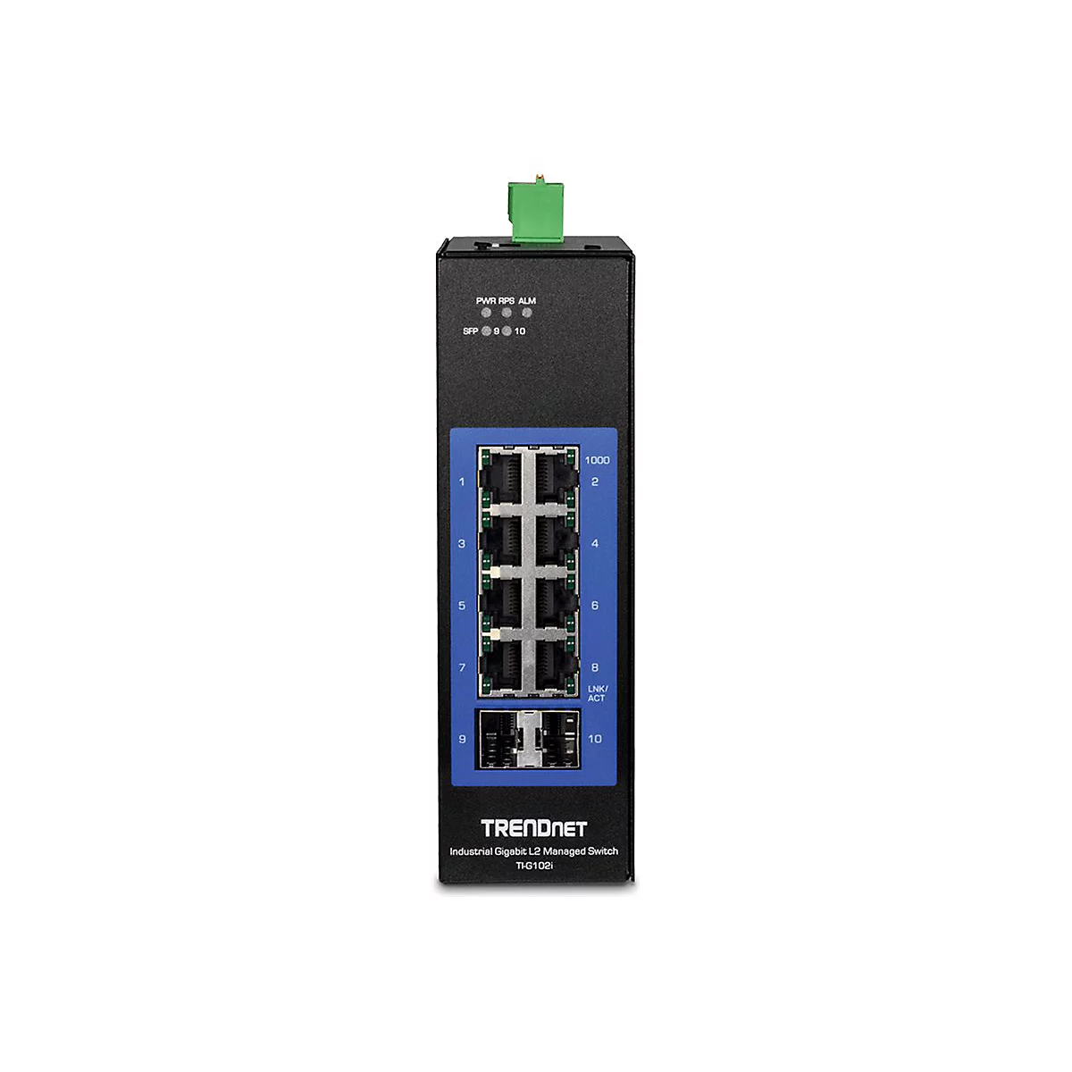 Ein schwarzer Netzwerk-Switch mit Anschlüssen, Anzeigen und der Aufschrift TRENDnet.