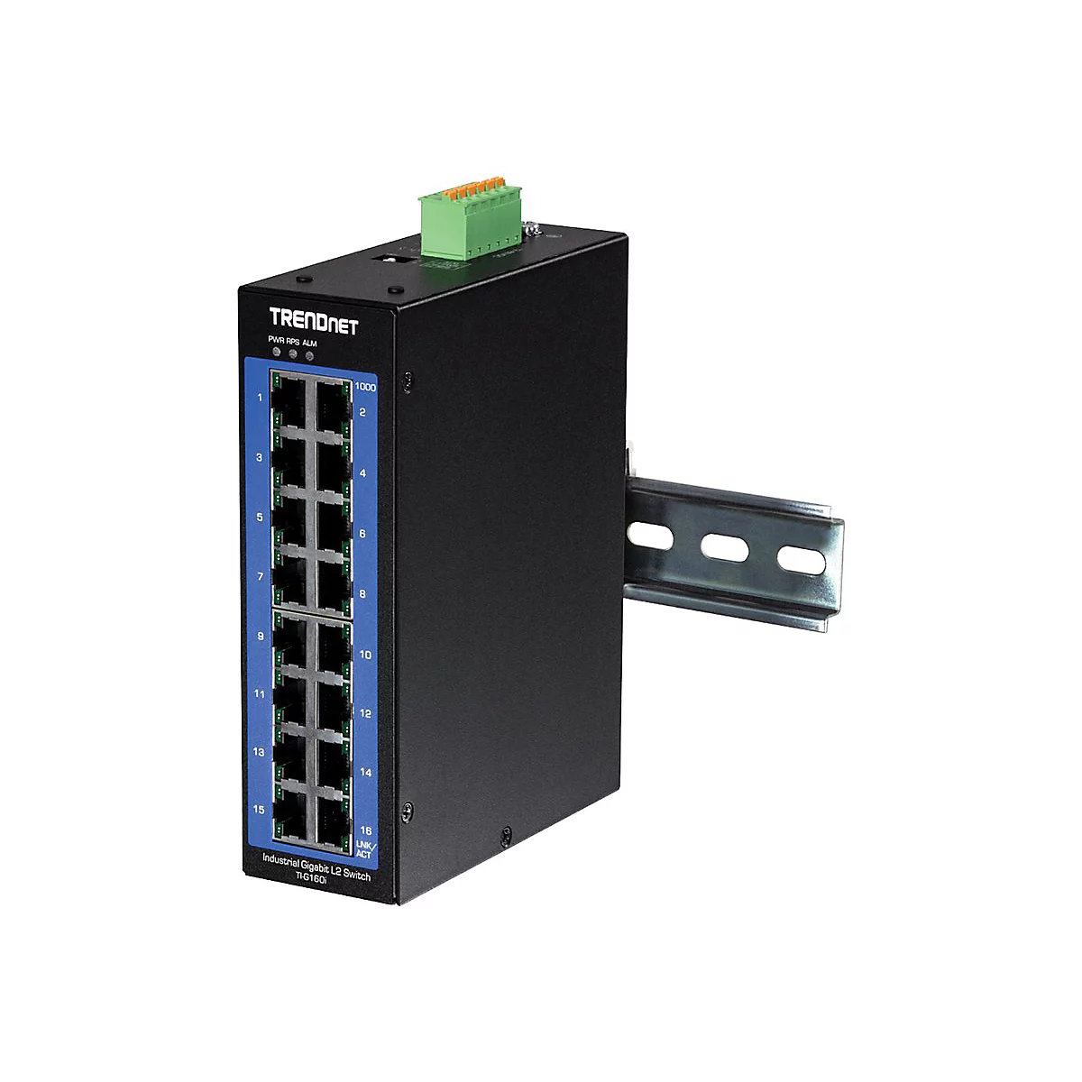 Schwarzer Netzwerk-Switch mit 16 Ports, blau abgesetzt, mit grÃ¼nen AnschlÃ¼ssen und Halterung.