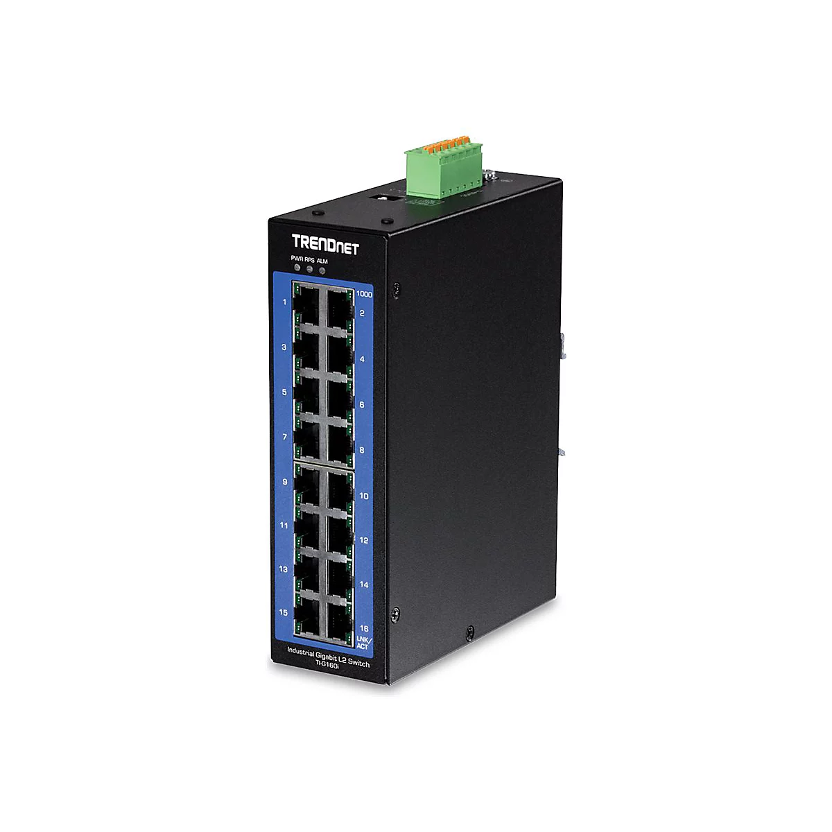 Ein schwarzer Netzwerk-Switch mit 16 AnschlÃ¼ssen, blauem Rahmen und grÃ¼nem Stecker.