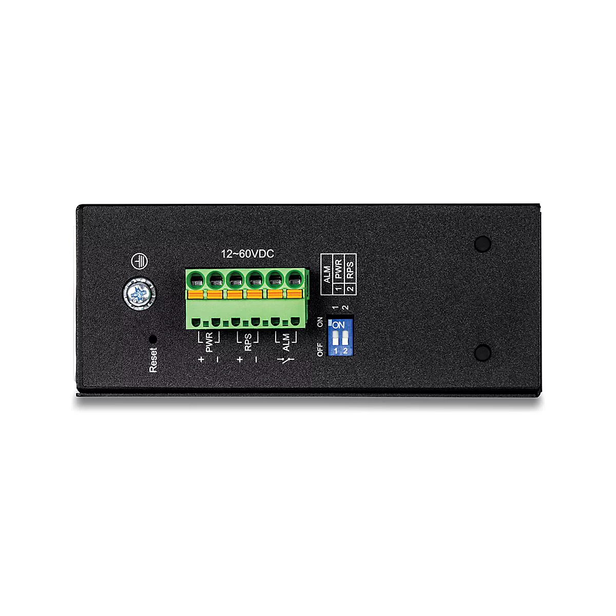 Schwarzes elektronisches GerÃ¤t mit grÃ¼nen AnschlÃ¼ssen, blauem Schalter und Text: 12-60VDC. Aufschrift: Reset, ALM, PWR, RPS, ON, OFF.