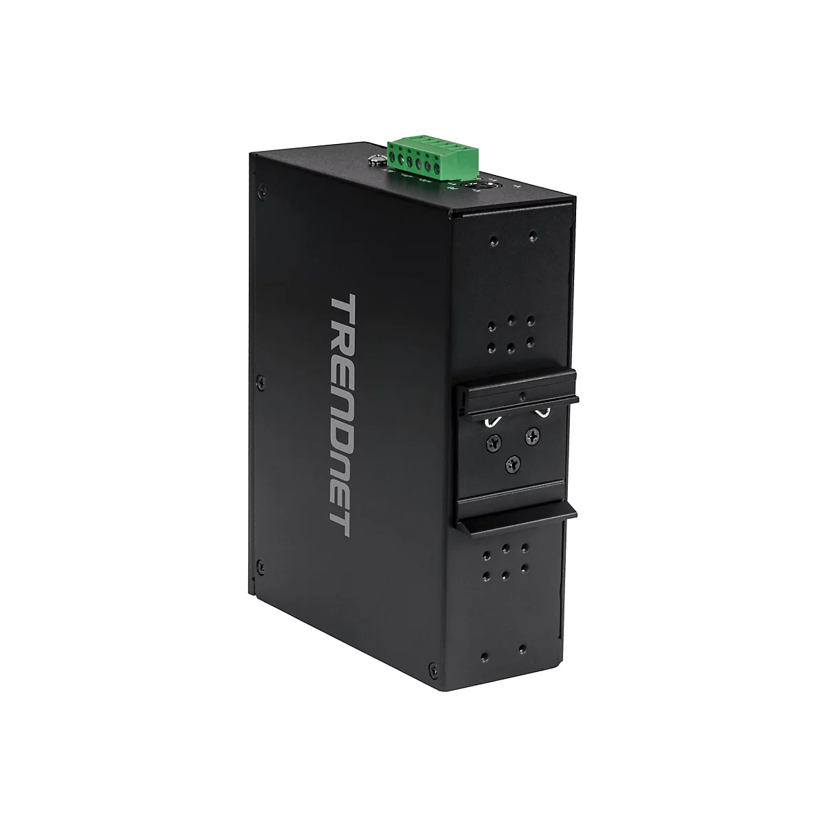 Schwarzer TRENDnet-Industrie-Ethernet-Konverter. Oben ein grÃ¼ner Stecker. Der Text TRENDnet ist auf der Seite eingraviert.