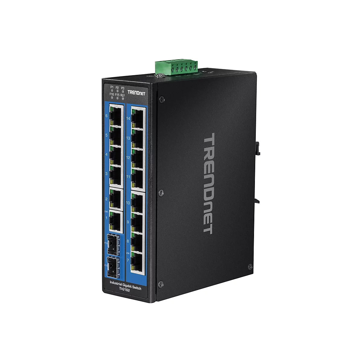 Schwarzer TRENDnet Industrieller Gigabit-Switch mit NetzwerkanschlÃ¼ssen und grÃ¼nem Anschlussblock.