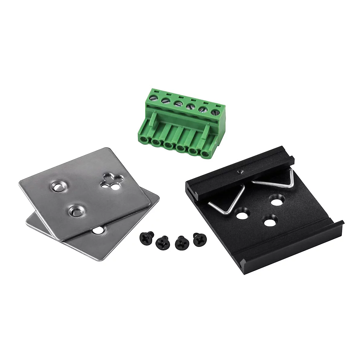 Verschiedene elektronische Bauteile: grÃ¼ne Klemme, metallische Platten, schwarze Halterung und Schrauben.