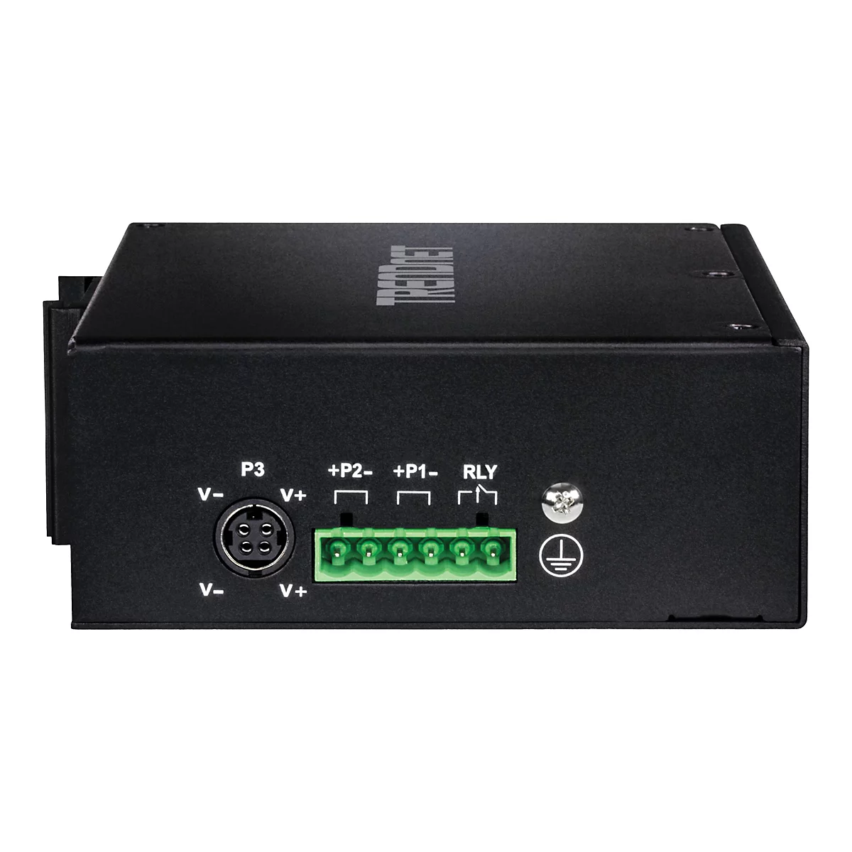 Schwarzes elektronisches GerÃ¤t mit AnschlÃ¼ssen wie P3, +P2, +P1, RLY und Erdungssymbol.