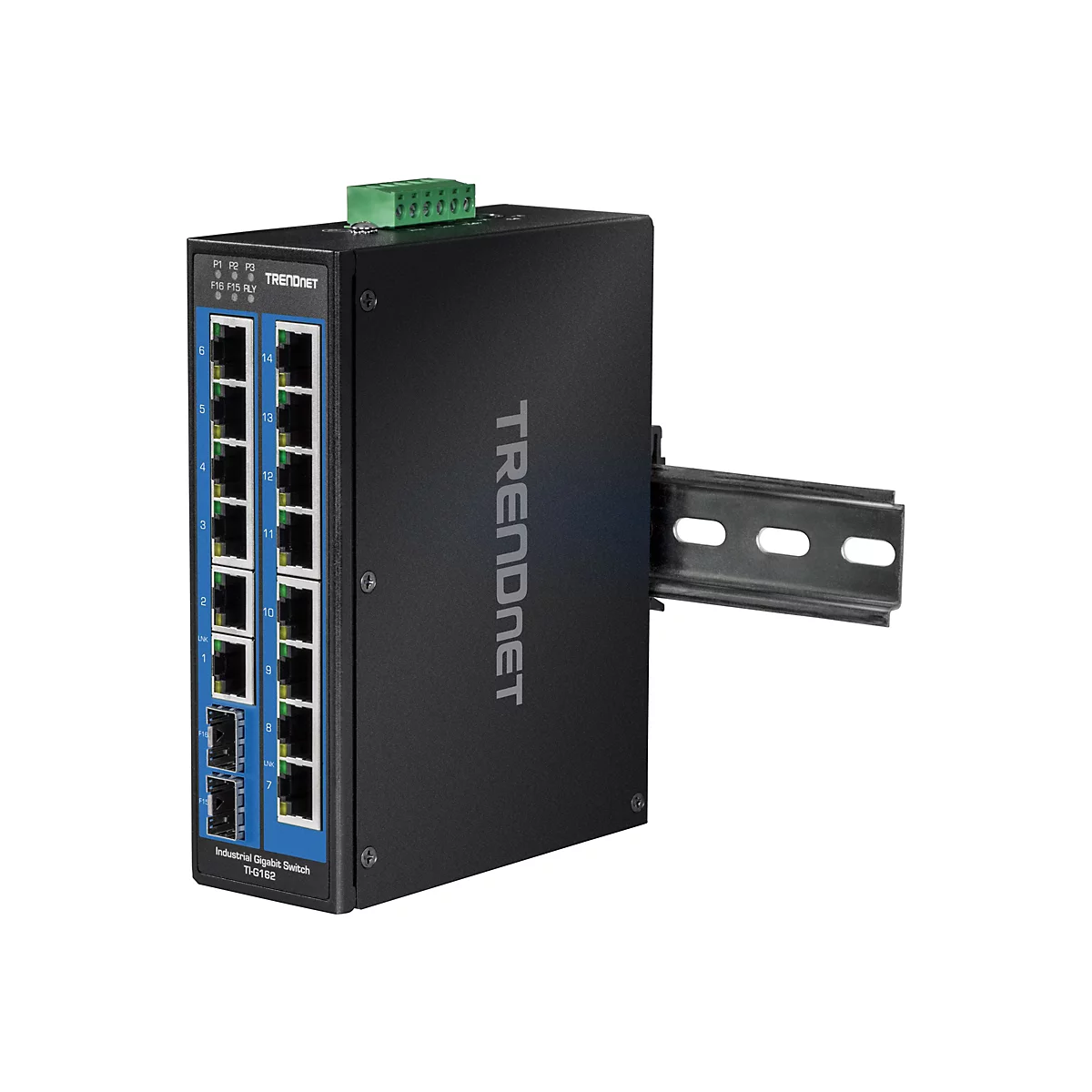 Schwarzer Industrieller Gigabit-Switch, Trendnet-Logo, RJ45-Ports, grÃ¼ner Anschluss und Halterung.