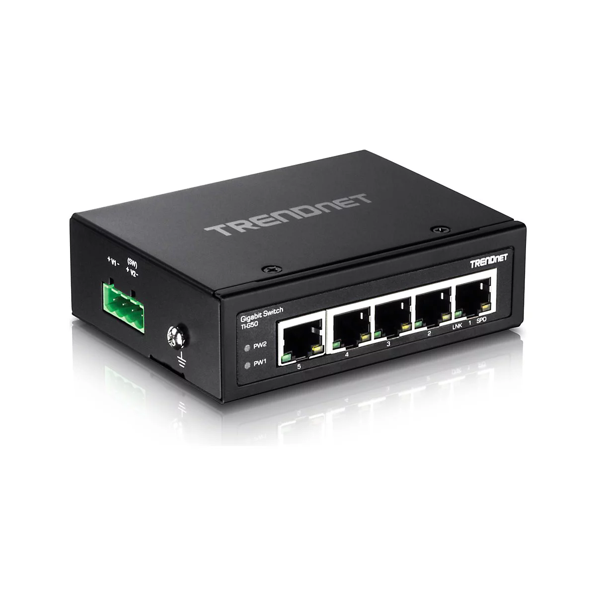 Schwarzer Netzwerk-Switch von Trendnet mit mehreren AnschlÃ¼ssen. Das GerÃ¤t liegt auf einer hellen OberflÃ¤che.