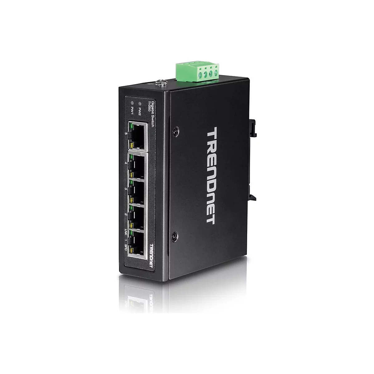 Schwarzer TRENDnet Ethernet Switch, fÃ¼nf AnschlÃ¼sse, grÃ¼ne Anschlussklemme, weiÃŸer Hintergrund.