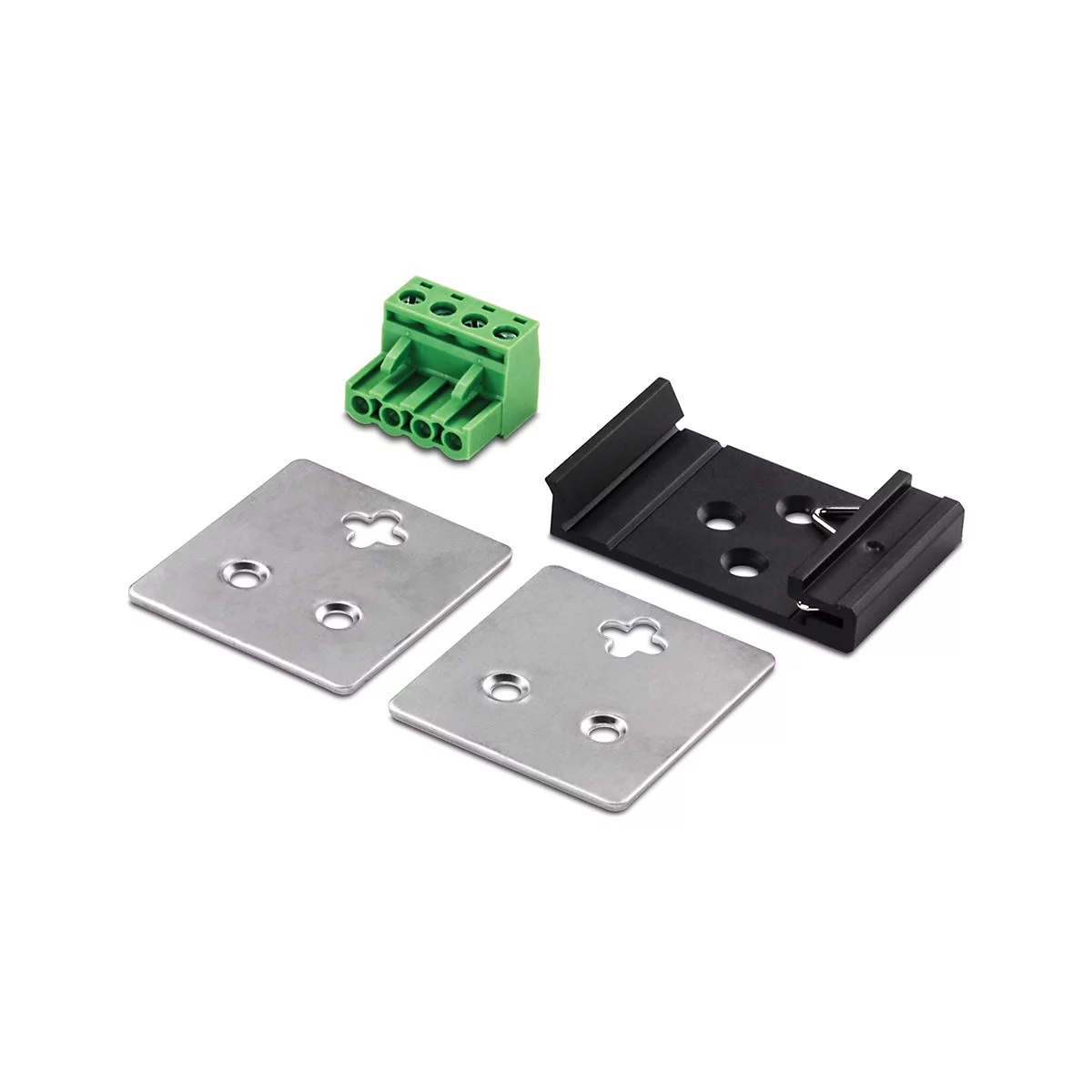 Verschiedene Komponenten fÃ¼r elektrische Verbindungen. Ein grÃ¼ner Klemmenblock, zwei silberne Platten, ein schwarzer Halter.