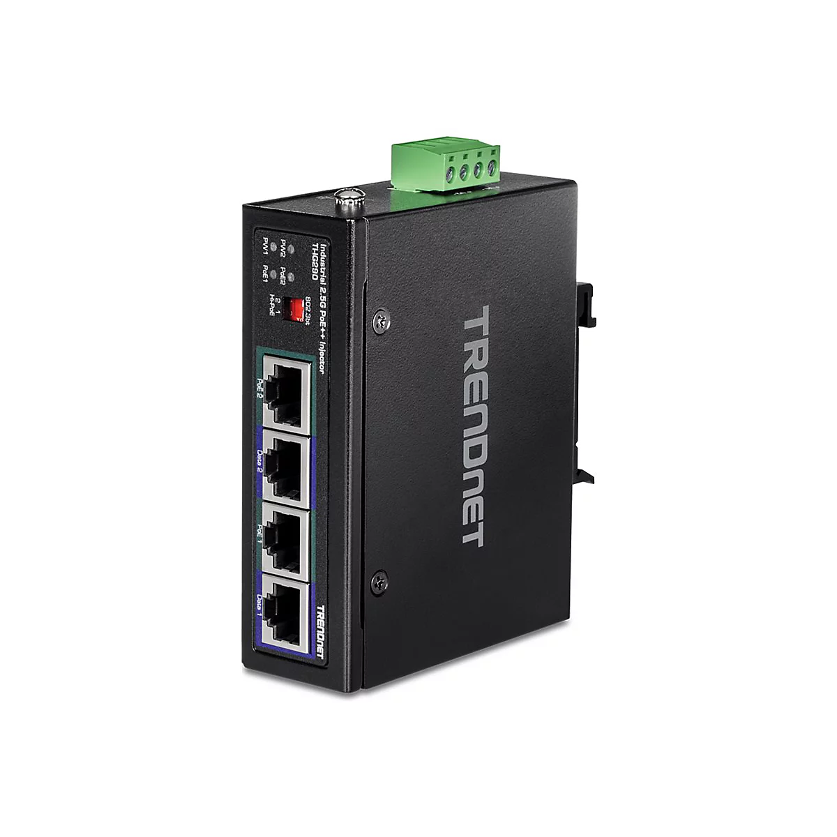 Schwarzer Trendnet-Ethernet-Switch mit AnschlÃ¼ssen und grÃ¼nen Klemmen.
