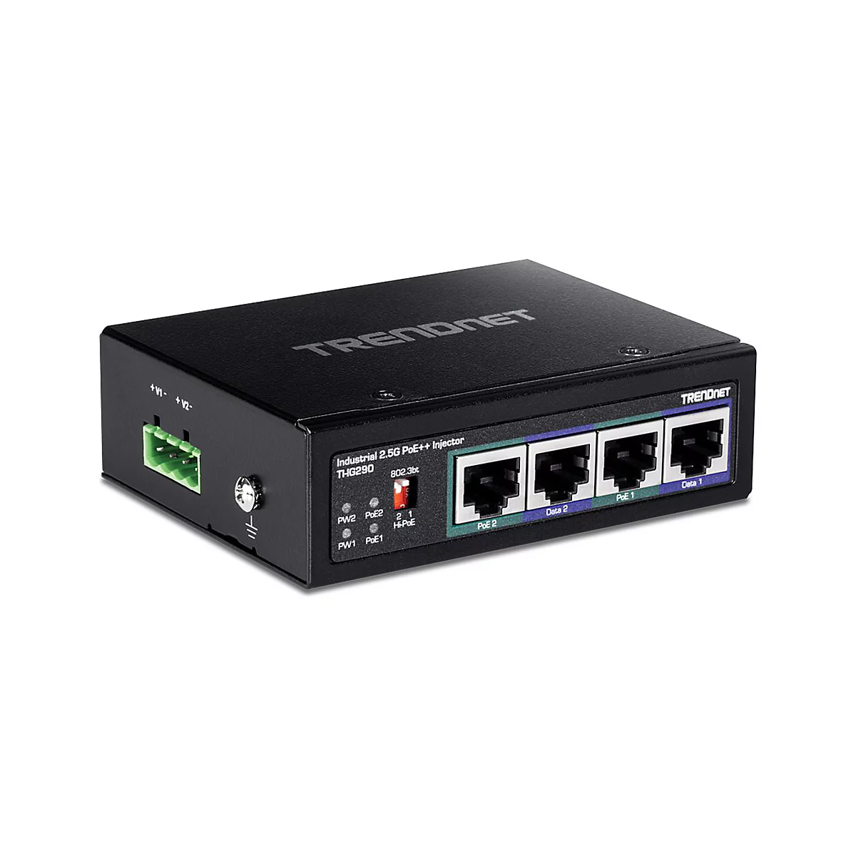 Schwarzer Netzwerk-Switch mit mehreren AnschlÃ¼ssen und der Aufschrift TRENDnet.