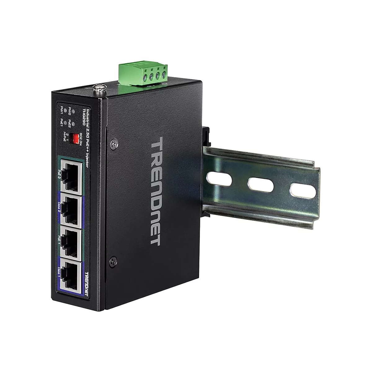 Schwarzer TRENDnet Ethernet-Switch mit AnschlÃ¼ssen, Klemmen und Montageschiene.