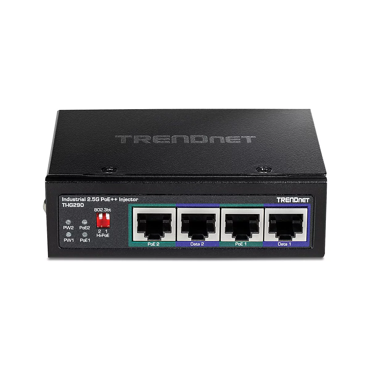 Schwarzer TRENDnet PoE++ Injector mit vier AnschlÃ¼ssen. Beschriftung: 'Industrial 2.5G PoE++ Injector THG290'.