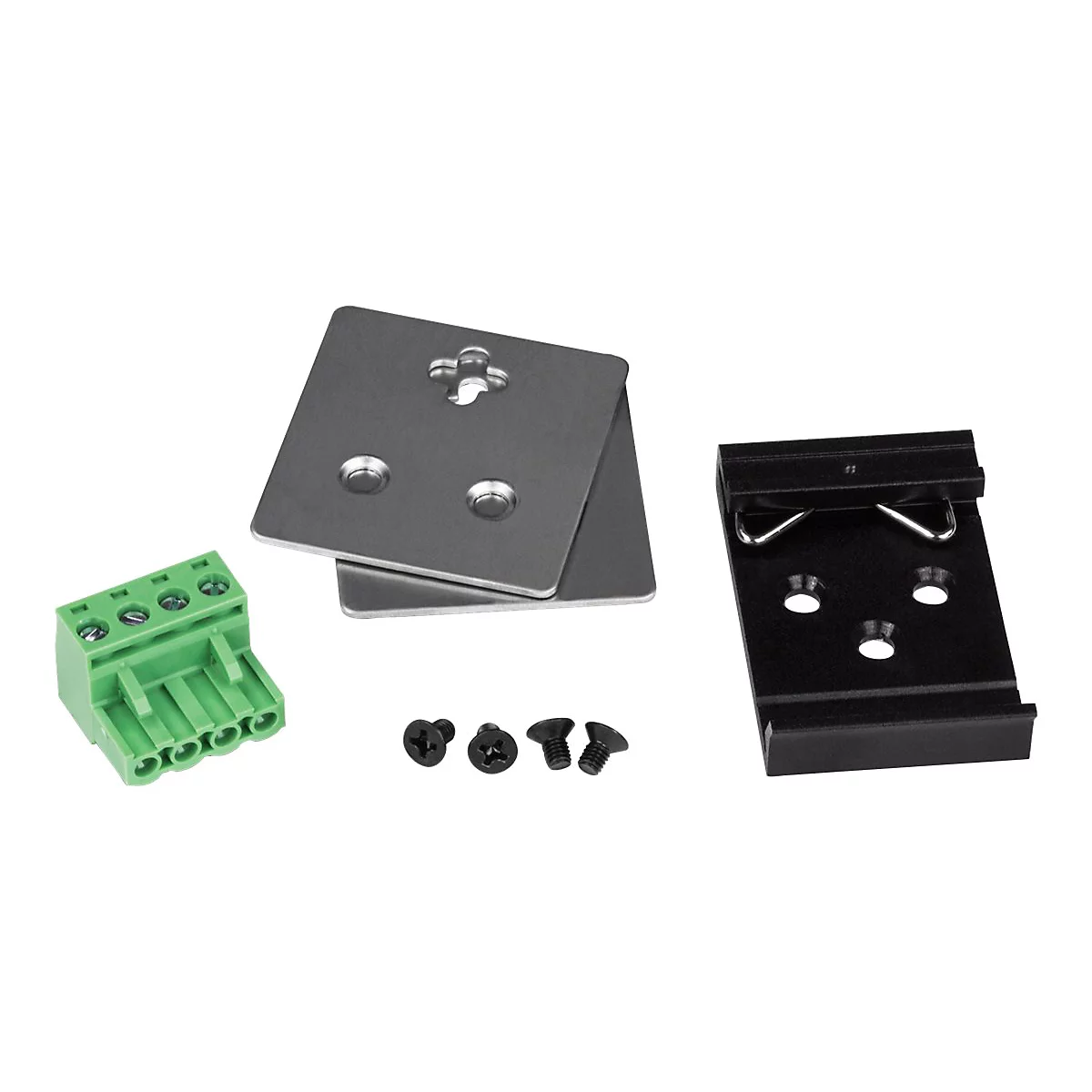 Elektronikbauteile, bestehend aus grÃ¼nem Stecker, Metallplatten, schwarzer Halterung und Schrauben. Alles vor weiÃŸem Hintergrund.
