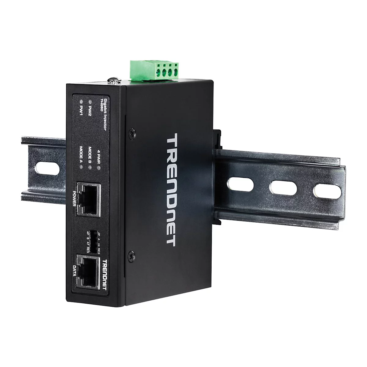 Schwarzer TRENDnet-Industrie-Ethernet-Konverter, montiert auf einer Schiene. Oben grÃ¼ne Anschlussklemmen, darunter zwei RJ45-Ports.