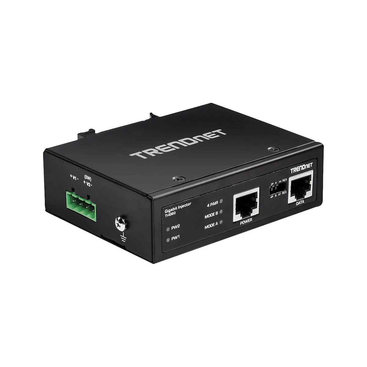 Schwarzer TRENDnet Gigabit Injector. Vorderseite mit AnschlÃ¼ssen und Beschriftungen: Power, Data, Modus. RÃ¼ckseite mit Schraubklemmen.