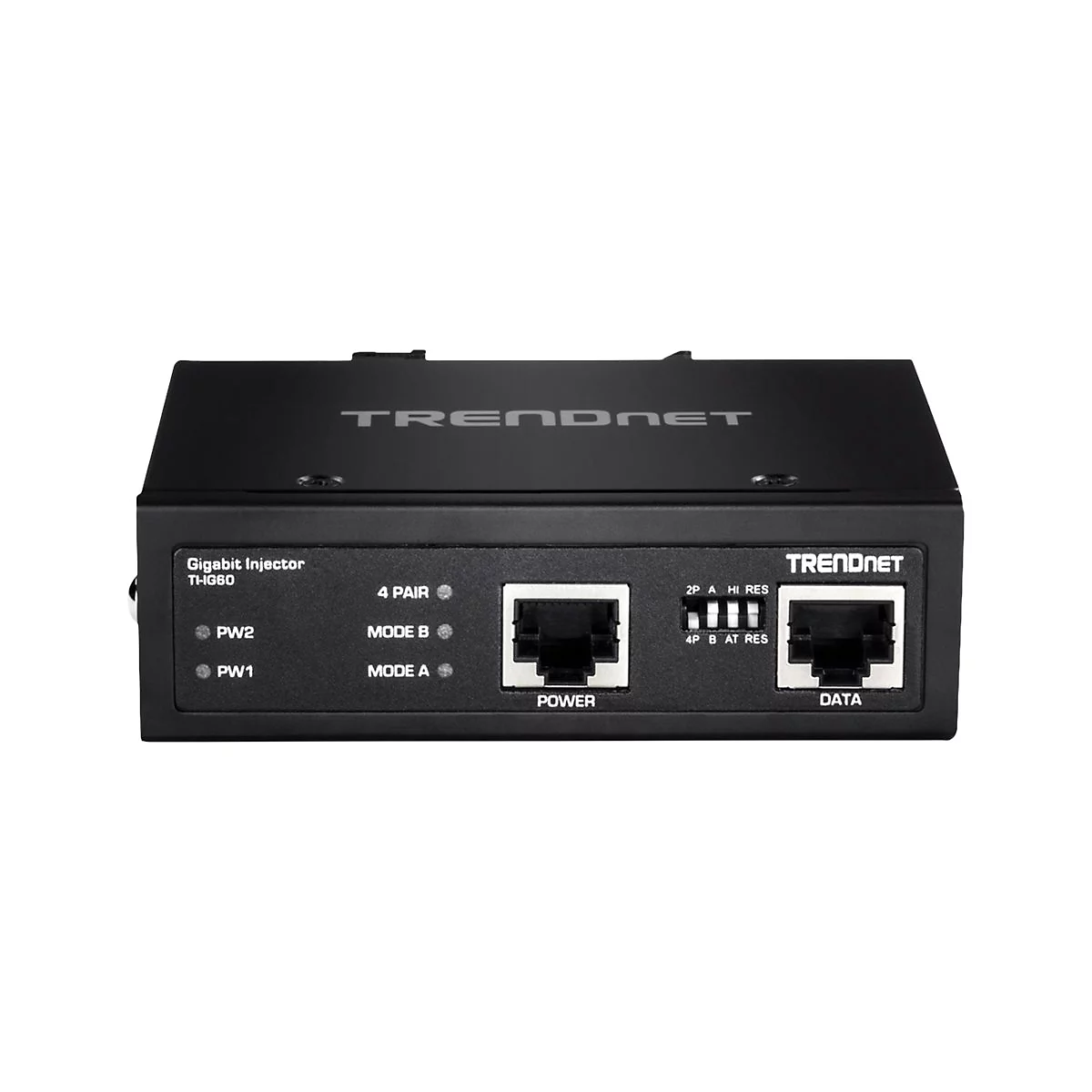 Schwarzer Gigabit Injector mit AnschlÃ¼ssen und Beschriftung. Beschriftungen: TRENDnet, Gigabit Injector, Power, Data, Mode A, B, 4 Pair, PW1, PW2.